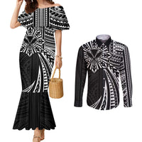 Hawaii And Philippines Couples Matching Mermaid Dress and Long Sleeve Button Shirt Kanaka Maoli With Tribal Sun Together Black LT05 Black - Polynesian Pride