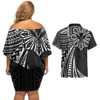 Hawaii And Philippines Couples Matching Off Shoulder Short Dress and Hawaiian Shirt Kanaka Maoli With Tribal Sun Together Black LT05 - Polynesian Pride
