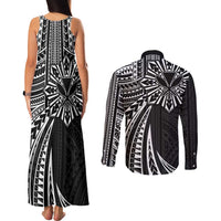 Hawaii And Philippines Couples Matching Tank Maxi Dress and Long Sleeve Button Shirt Kanaka Maoli With Tribal Sun Together Black LT05 - Polynesian Pride
