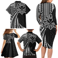 Hawaii And Philippines Family Matching Long Sleeve Bodycon Dress and Hawaiian Shirt Kanaka Maoli With Tribal Sun Together Black LT05 - Polynesian Pride