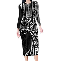 Hawaii And Philippines Family Matching Long Sleeve Bodycon Dress and Hawaiian Shirt Kanaka Maoli With Tribal Sun Together Black LT05 Mom's Dress Black - Polynesian Pride