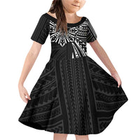 Hawaii And Philippines Family Matching Off Shoulder Short Dress and Hawaiian Shirt Kanaka Maoli With Tribal Sun Together Black LT05 Daughter's Dress Black - Polynesian Pride