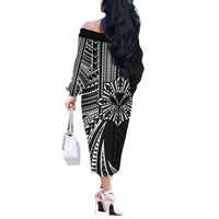 Hawaii And Philippines Off The Shoulder Long Sleeve Dress Kanaka Maoli With Tribal Sun Together Black LT05 - Polynesian Pride
