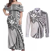 Hawaii And Philippines Couples Matching Off Shoulder Maxi Dress and Long Sleeve Button Shirt Kanaka Maoli With Tribal Sun Together White LT05 White - Polynesian Pride
