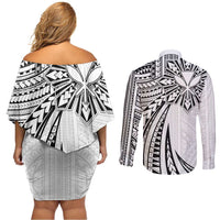Hawaii And Philippines Couples Matching Off Shoulder Short Dress and Long Sleeve Button Shirt Kanaka Maoli With Tribal Sun Together White LT05 - Polynesian Pride