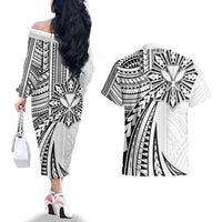 Hawaii And Philippines Couples Matching Off The Shoulder Long Sleeve Dress and Hawaiian Shirt Kanaka Maoli With Tribal Sun Together White LT05 - Polynesian Pride