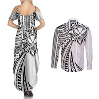 Hawaii And Philippines Couples Matching Summer Maxi Dress and Long Sleeve Button Shirt Kanaka Maoli With Tribal Sun Together White LT05 - Polynesian Pride