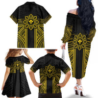 Hawaii And Philippines Together Family Matching Off The Shoulder Long Sleeve Dress and Hawaiian Shirt Polynesian Pattern With Filipino Barong Gold LT05 - Polynesian Pride