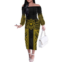 Hawaii And Philippines Together Family Matching Off The Shoulder Long Sleeve Dress and Hawaiian Shirt Polynesian Pattern With Filipino Barong Gold LT05 Mom's Dress Gold - Polynesian Pride