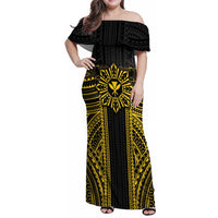Hawaii And Philippines Together Family Matching Off Shoulder Maxi Dress and Hawaiian Shirt Polynesian Pattern With Filipino Barong Gold LT05 Mom's Dress Gold - Polynesian Pride