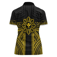 Hawaii And Philippines Together Women Polo Shirt Polynesian Pattern With Filipino Barong Gold