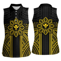 Hawaii And Philippines Together Women Sleeveless Polo Shirt Polynesian Pattern With Filipino Barong Gold LT05 - Polynesian Pride