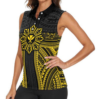 Hawaii And Philippines Together Women Sleeveless Polo Shirt Polynesian Pattern With Filipino Barong Gold LT05 - Polynesian Pride