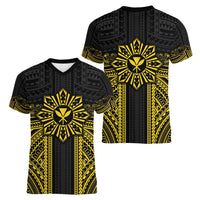 Hawaii And Philippines Together Women V-Neck T-Shirt Polynesian Pattern With Filipino Barong Gold LT05 - Polynesian Pride