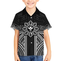 Hawaii And Philippines Together Family Matching Long Sleeve Bodycon Dress and Hawaiian Shirt Polynesian Pattern With Filipino Barong Black