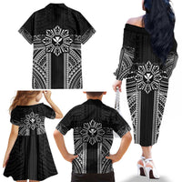 Hawaii And Philippines Together Family Matching Off The Shoulder Long Sleeve Dress and Hawaiian Shirt Polynesian Pattern With Filipino Barong Black LT05 - Polynesian Pride
