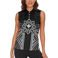 Hawaii And Philippines Together Women Sleeveless Polo Shirt Polynesian Pattern With Filipino Barong Black LT05 - Polynesian Pride