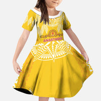 Personalised Anastasis College Family Matching Long Sleeve Bodycon Dress and Hawaiian Shirt Tonga Ngatu Pattern LT05 Daughter's Dress Yellow - Polynesian Pride