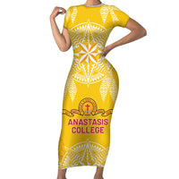 Personalised Anastasis College Family Matching Short Sleeve Bodycon Dress and Hawaiian Shirt Tonga Ngatu Pattern LT05 Mom's Dress Yellow - Polynesian Pride