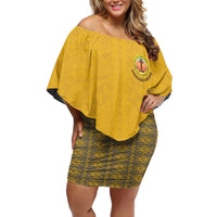Tonga Anastasis College Family Matching Off Shoulder Short Dress and Hawaiian Shirt Tongan Ngatu Kupesi Pattern LT05 Mom's Dress Yellow - Polynesian Pride
