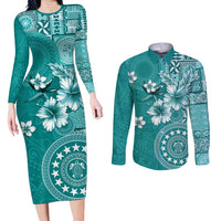 Cook Islands Couples Matching Long Sleeve Bodycon Dress and Long Sleeve Button Shirt Teal Hibiscus And Stars LT05 Teal - Polynesian Pride