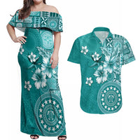Cook Islands Couples Matching Off Shoulder Maxi Dress and Hawaiian Shirt Teal Hibiscus And Stars LT05 Teal - Polynesian Pride