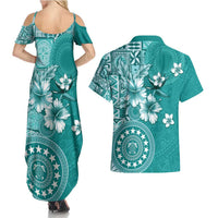 Cook Islands Couples Matching Summer Maxi Dress and Hawaiian Shirt Teal Hibiscus And Stars LT05 - Polynesian Pride