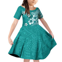 Cook Islands Family Matching Off Shoulder Short Dress and Hawaiian Shirt Teal Hibiscus And Stars LT05 Daughter's Dress Teal - Polynesian Pride