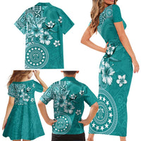Cook Islands Family Matching Short Sleeve Bodycon Dress and Hawaiian Shirt Teal Hibiscus And Stars LT05 - Polynesian Pride