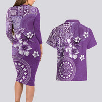 Cook Islands Couples Matching Long Sleeve Bodycon Dress and Hawaiian Shirt Purple Hibiscus And Stars LT05 - Polynesian Pride