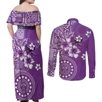 Cook Islands Couples Matching Off Shoulder Maxi Dress and Long Sleeve Button Shirt Purple Hibiscus And Stars LT05 - Polynesian Pride