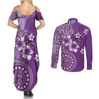 Cook Islands Couples Matching Summer Maxi Dress and Long Sleeve Button Shirt Purple Hibiscus And Stars LT05 - Polynesian Pride
