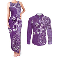 Cook Islands Couples Matching Tank Maxi Dress and Long Sleeve Button Shirt Purple Hibiscus And Stars LT05 Purple - Polynesian Pride