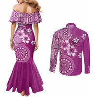Cook Islands Couples Matching Mermaid Dress and Long Sleeve Button Shirt Fandango Hibiscus And Stars LT05 - Polynesian Pride