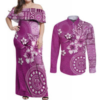Cook Islands Couples Matching Off Shoulder Maxi Dress and Long Sleeve Button Shirt Fandango Hibiscus And Stars LT05 Fandango - Polynesian Pride