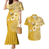 Cook Islands Couples Matching Mermaid Dress and Hawaiian Shirt Yellow Hibiscus And Stars LT05 Yellow - Polynesian Pride