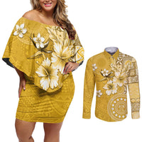 Cook Islands Couples Matching Off Shoulder Short Dress and Long Sleeve Button Shirt Yellow Hibiscus And Stars LT05 Yellow - Polynesian Pride