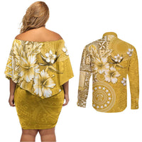 Cook Islands Couples Matching Off Shoulder Short Dress and Long Sleeve Button Shirt Yellow Hibiscus And Stars LT05 - Polynesian Pride