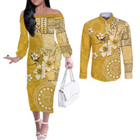 Cook Islands Couples Matching Off The Shoulder Long Sleeve Dress and Long Sleeve Button Shirt Yellow Hibiscus And Stars LT05 Yellow - Polynesian Pride