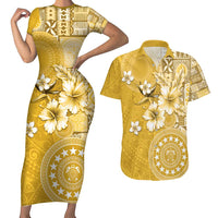 Cook Islands Couples Matching Short Sleeve Bodycon Dress and Hawaiian Shirt Yellow Hibiscus And Stars LT05 Yellow - Polynesian Pride
