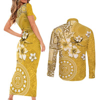 Cook Islands Couples Matching Short Sleeve Bodycon Dress and Long Sleeve Button Shirt Yellow Hibiscus And Stars LT05 - Polynesian Pride