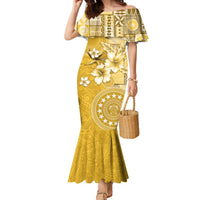 Cook Islands Family Matching Mermaid Dress and Hawaiian Shirt Yellow Hibiscus And Stars LT05 Mom's Dress Yellow - Polynesian Pride