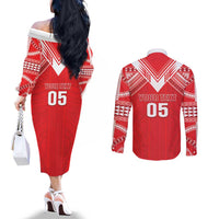 Custom Tahiti Football Couples Matching Off The Shoulder Long Sleeve Dress and Long Sleeve Button Shirt Coat Of Arms Polynesian Tribal Pattern LT05 - Polynesian Pride