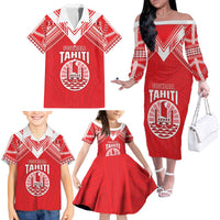 Custom Tahiti Football Family Matching Off The Shoulder Long Sleeve Dress and Hawaiian Shirt Coat Of Arms Polynesian Tribal Pattern LT05 - Polynesian Pride