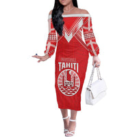 Custom Tahiti Football Family Matching Off The Shoulder Long Sleeve Dress and Hawaiian Shirt Coat Of Arms Polynesian Tribal Pattern LT05 Mom's Dress Red - Polynesian Pride
