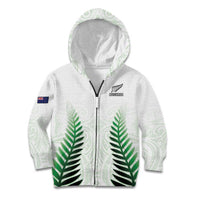 Custom New Zealand Fern Football Kid Hoodie Simple Style LT05 Zip Hoodie White - Polynesian Pride