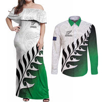 Custom New Zealand Football Couples Matching Off Shoulder Maxi Dress and Long Sleeve Button Shirt Go Aotearoa LT05 Green - Polynesian Pride