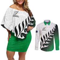 Custom New Zealand Football Couples Matching Off Shoulder Short Dress and Long Sleeve Button Shirt Go Aotearoa LT05 Green - Polynesian Pride