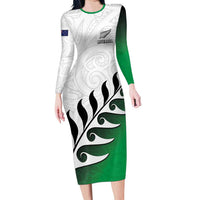 Custom New Zealand Football Family Matching Long Sleeve Bodycon Dress and Hawaiian Shirt Go Aotearoa LT05 Mom's Dress Green - Polynesian Pride