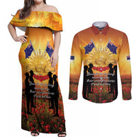 ANZAC Day Couples Matching Off Shoulder Maxi Dress and Long Sleeve Button Shirt Remembrance Tribute Soldiers And Poppy Field LT05 Orange - Polynesian Pride